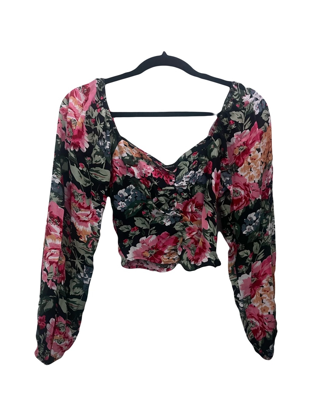 Forever 21 Black Floral Ruched Long Sleeve Crop Top